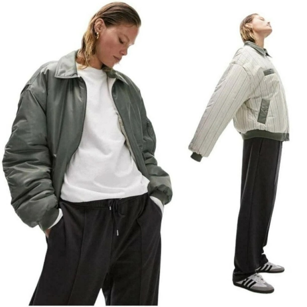 Topshop Reversible Collared Nylon Bomber Jacket With Stripe In Khaki Med #1289